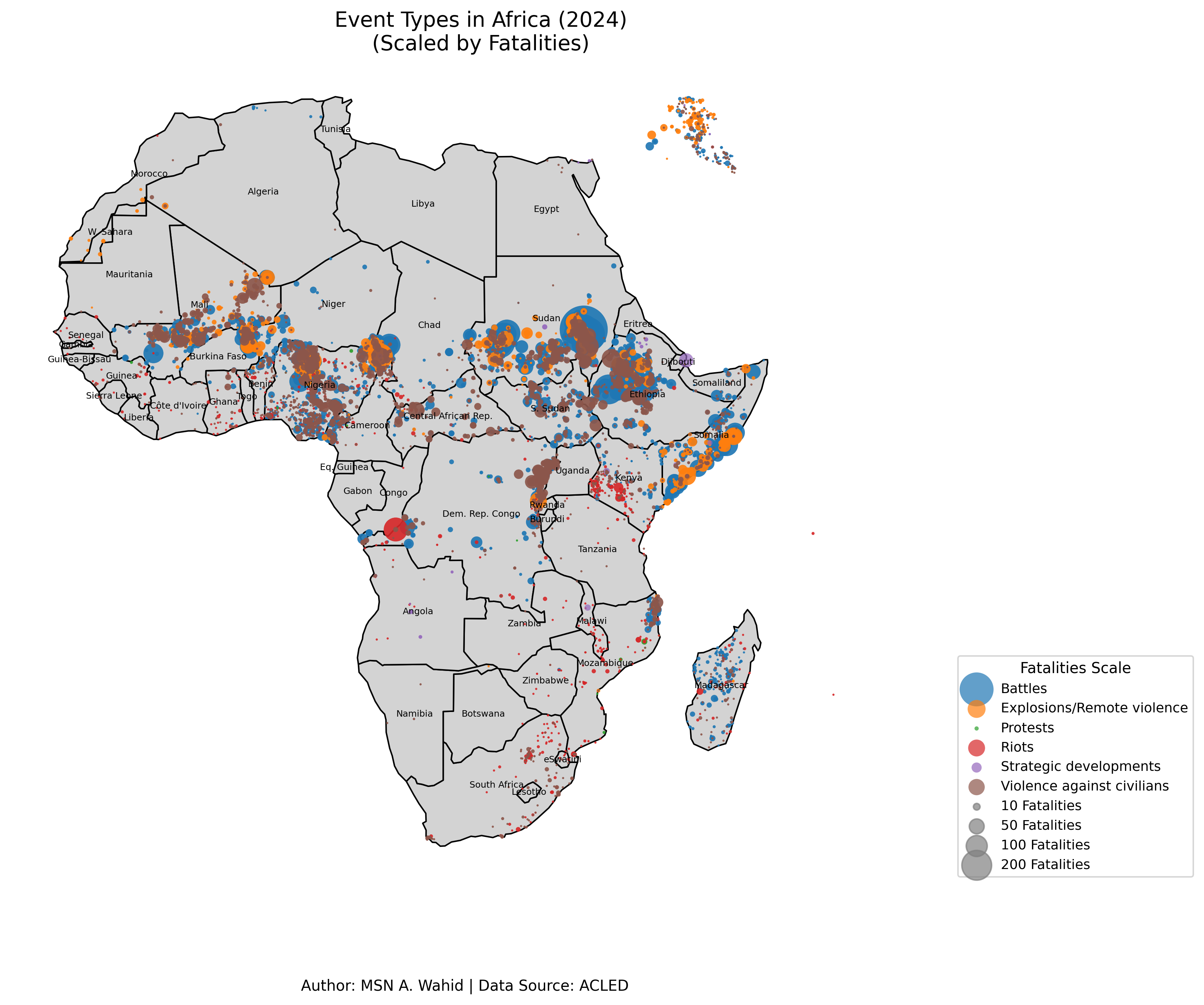 Africa Event Map Scaled by Fatalities